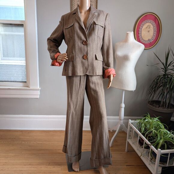 Vintage Y2K View Collection Pantsuit Knit Blazer Herringbone Office Plus Size 14 - Picture 2 of 16